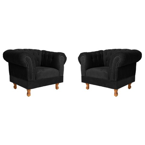 Duas Poltronas Chesterfield Capitone Suede Preto Decorativa / Sala, Tv, Estar, Recepção