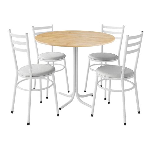Mesa de Jantar Redonda 80cm Pinus com 4 Cadeiras Estofada Branca