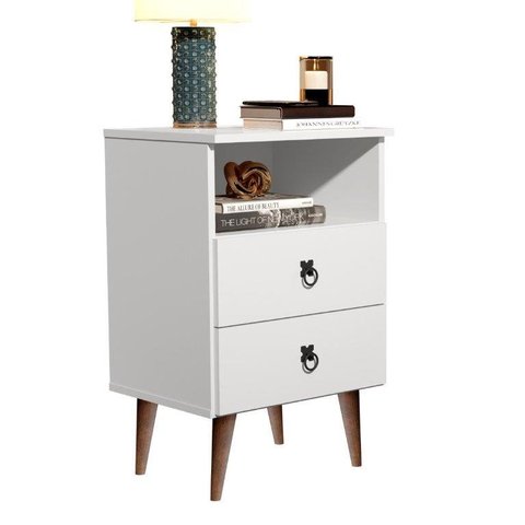 Mesa de Cabeceira Mad 2 Gavetas Estilo Retrô C Om Pés em Madeira Cor Branco Jm