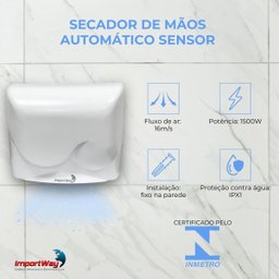 Secador de Mãos Automático 16 M/s Elétrico 1500w Sensor Banheiro Alto Fluxo 110v Importway Iwsma-16 - 4