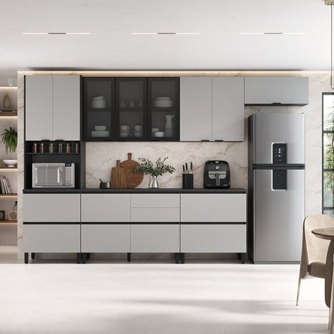 Cozinha Modulada 6 Peças 11 Portas 6 Gavetas MDF Dodradiça Slow Motion Lúmina Itatiaia Grafite/Fendi Cinza