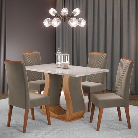 Mesa de Jantar 4 Lugares Universe com Vidro Mel/perola/off White - Viero Móveis