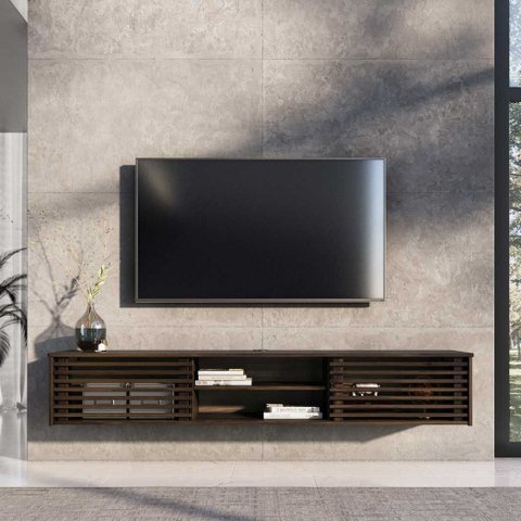 Rack de Parede Sala TV 75 Ripado 2 Nichos 175 cm Madeira Cor Imbuia Rian Idimex