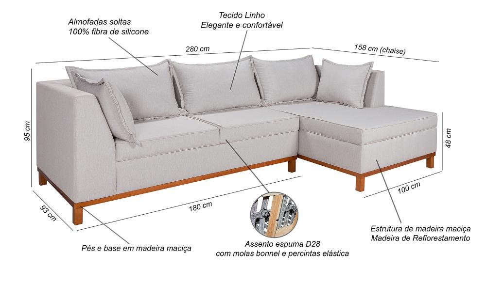 Sofá Malta com Chaise Linho 185 Cinza Claro Fixo Império Estofados - 5