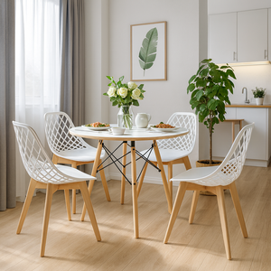 Kit Mesa Redonda Eames 90cm Branca + 4 Cadeiras Kayla Wood Brancas