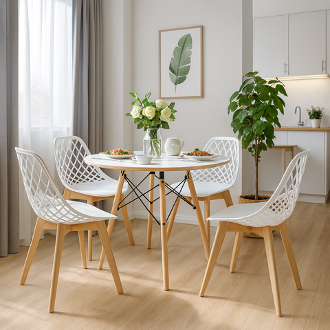 Kit Mesa Redonda Eames 90cm Branca + 4 Cadeiras Kayla Wood Brancas