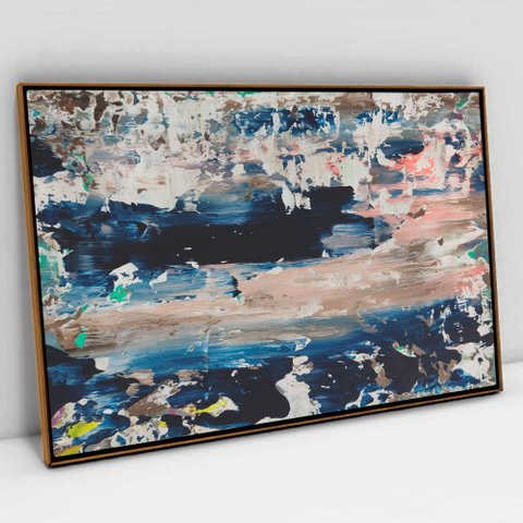 Quadro Decorativo em Canvas Pincelada Azul TaColado Moldura Flutuante 4,5cm Freijó 120 x 80cm
