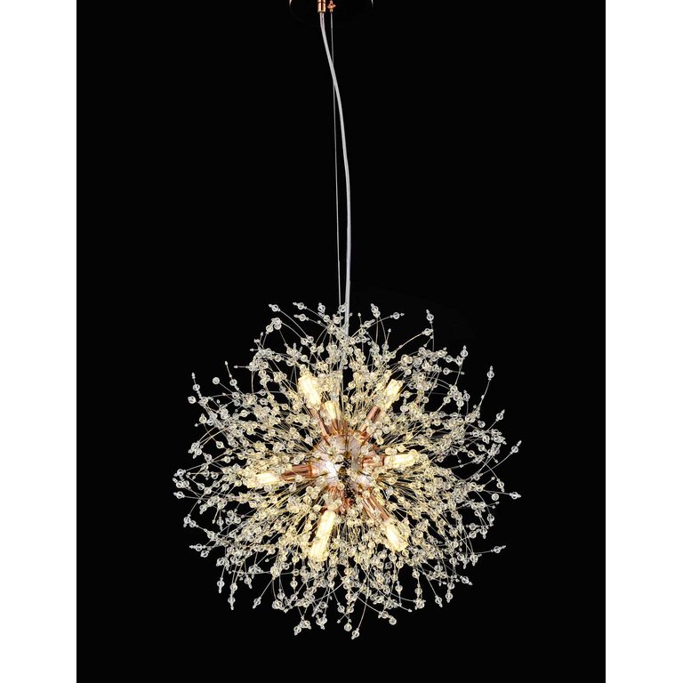 Lustre Pendente Dente de Leão Redondo Rose Gold Cristais 9G9 50cm