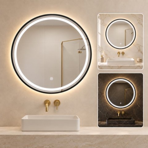 Espelho Decorativo Redondo Borda Preta com Iluminação 90cm