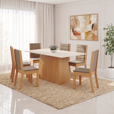 Conjunto Sala de Jantar Mesa Dora 160cm Tampo MDF Canto Reto 06 Cadeiras Evelin