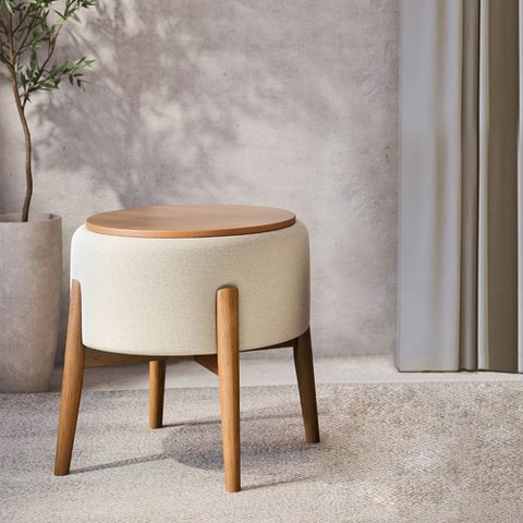 Puff Dual 2 em 1 Acabamento Moderno Vira Mesa de Apoio Linho Palha