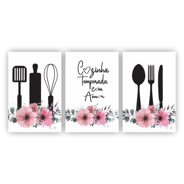 Kit Placas Quadros Decorativos 3 Pçs 60x40 frases Cozinha Temperada com Amor - 1