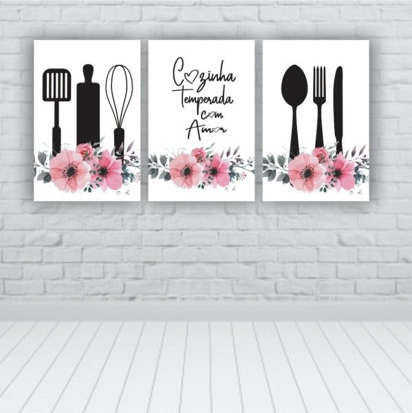 Kit Placas Quadros Decorativos 3 Pçs 60x40 frases Cozinha Temperada com Amor - 2