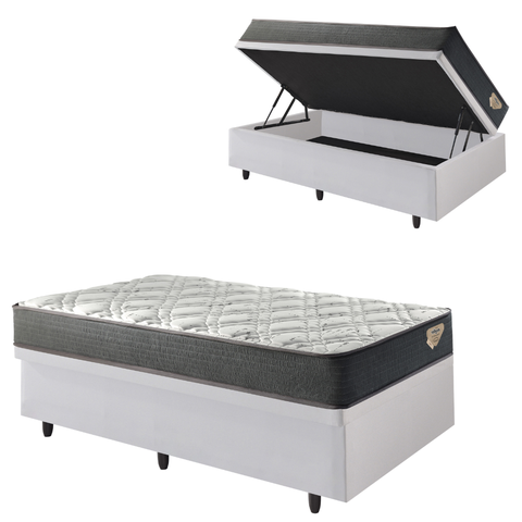Cama Box Solteiro com Baú 88x188 com Colchão Adapto Molas Ensacadas Ecoflex Corino Linho