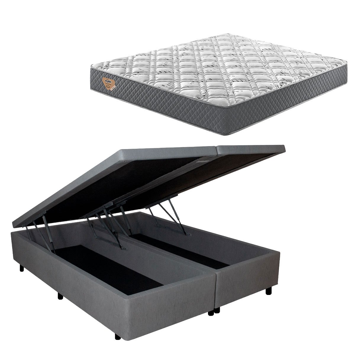 Cama Box Super King Baú Courino Linho Cinza com Colchão Adapto Molas ensacadas 193x203 - 1