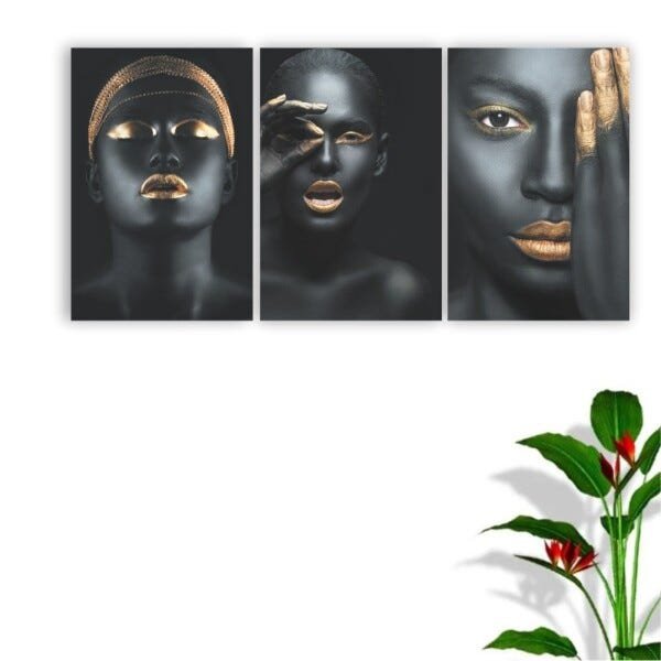 Quadros Decorativos Mulheres Negras Maquiagem Dourada 120x60 - 3