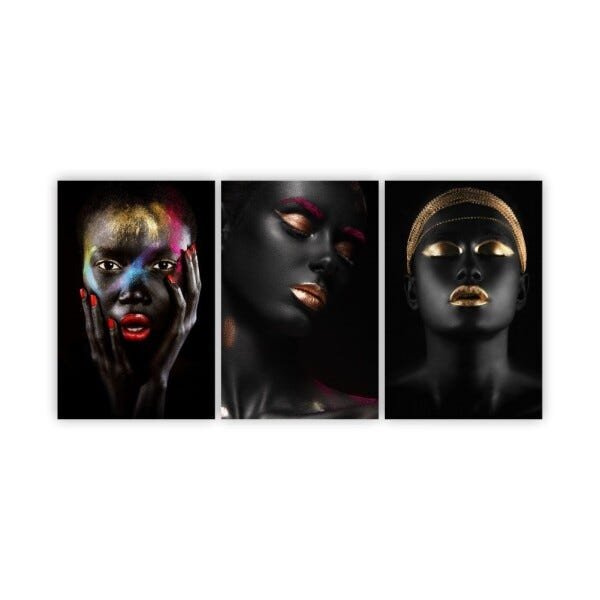Quadros Decorativos Mulhere Negras Maquiagem Dourada 120x60cm