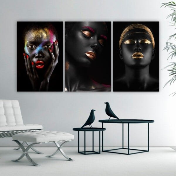 Quadros Decorativos Mulhere Negras Maquiagem Dourada 120x60cm - 3