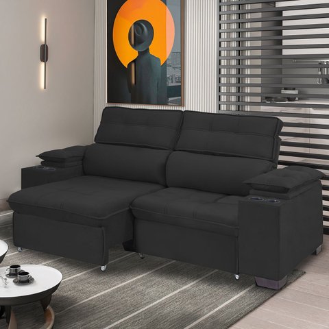 Sofá Retrátil e Reclinável 2 e 3 Lugares 180cm Porta-Copos Capri Veludo Preto