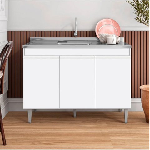 Balcão Manu com Pia e Cuba Ghelplus 120cm Branco Ajl Móveis