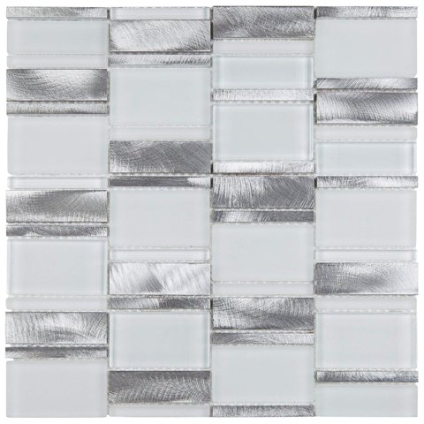 Pastilha de Vidro e Inox de 29cm x 29cm Rende Glass Mosaic Branco/Metal