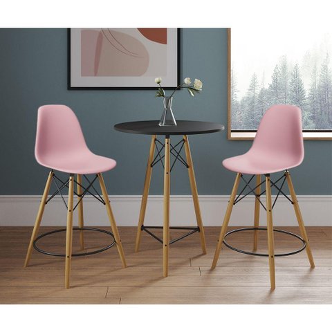 Mesa Bistrô Eames Eiffel Preta com 2 Banquetas Rosas de Madeira