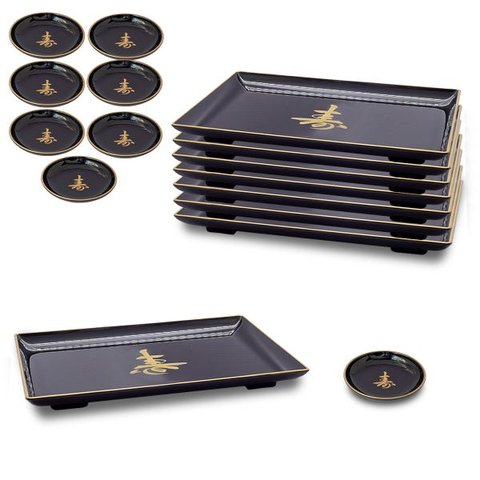 Kit Oriental Japonês para 8 Pessoas Molheira Prato Retangular