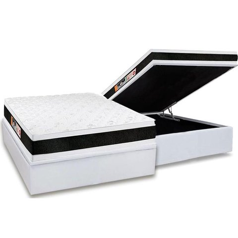 Cama Box Baú Casal: Colchão Espuma D45 Castor Black e White Air Double Face + Base CRC Courano White