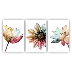 Kit Placas Quadros Decorativos Sala 3 Pçs 80x60 Floral Colorido Flores