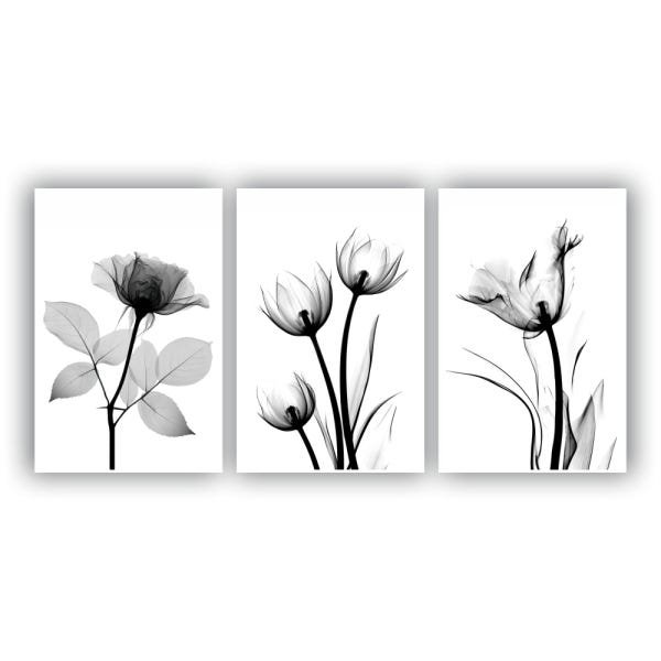 Kit Placas Quadros Decorativos 3 Pçs 60x40 Flores em Tons de Cinza Preto e Branco