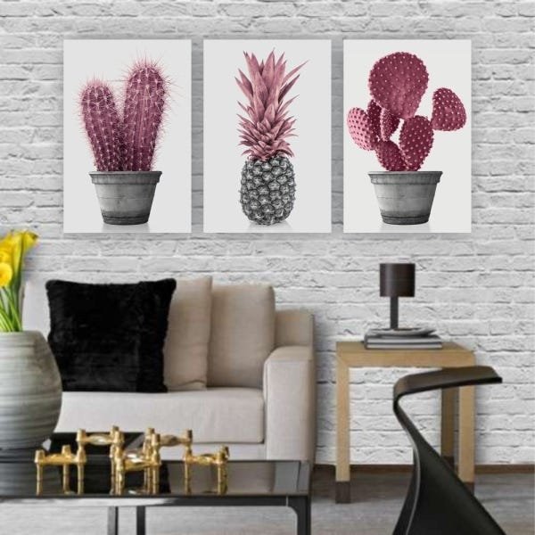 Kit Placas Quadros Decorativos Sala 3 Pçs 80x60 Floral Cacto Rosa - 3