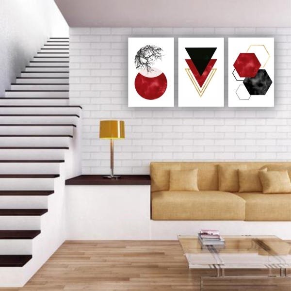 Kit Placas Quadros Decorativos 3 Pçs 60x40 Abstrato Triangulos Vermelhos - 4