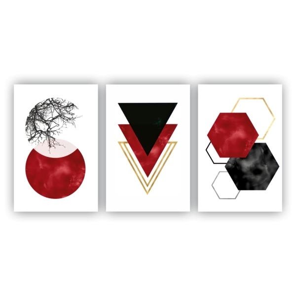 Kit Placas Quadros Decorativos 3 Pçs 60x40 Abstrato Triangulos Vermelhos