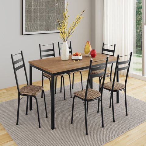 Conjunto Sala de Jantar Mesa Retangular Tampo BP com 6 Cadeiras Adriana Preto/Rattan/Demolição
