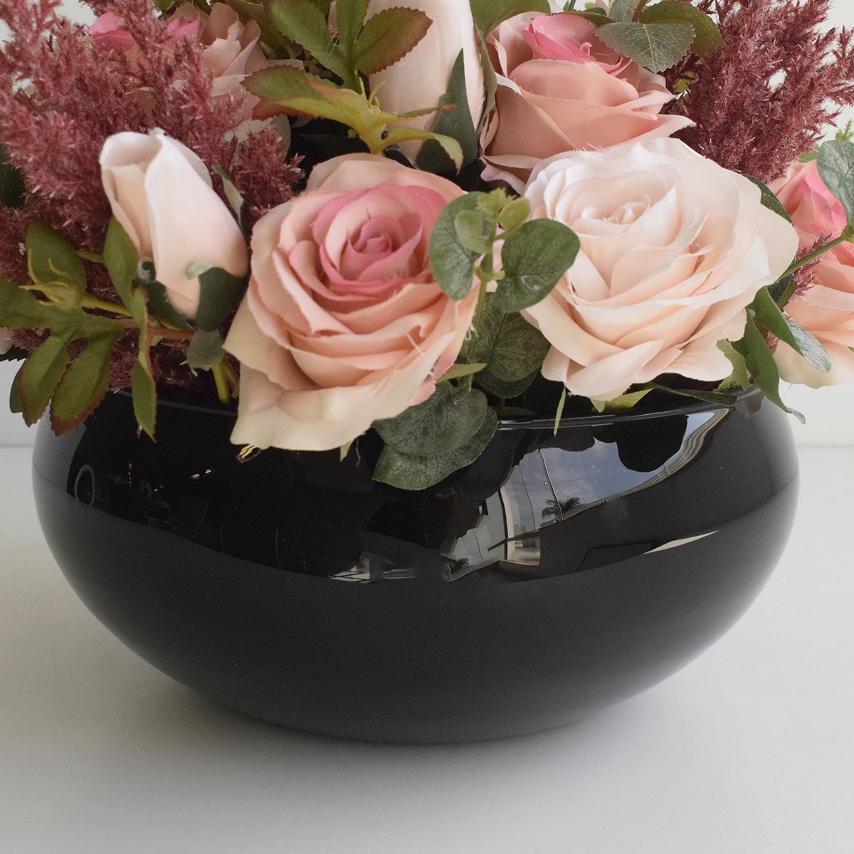 Arranjo de Rosas Rosa e Flores Envelhecidas no Vaso de Vidro Preto |linha Permanente Formosinha - 3