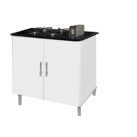 Balcão Gabinete para Cooktop de 4 Bocas Luan. 02 Portas Cor Branco Brilho com Tampo Marmorizado Pass