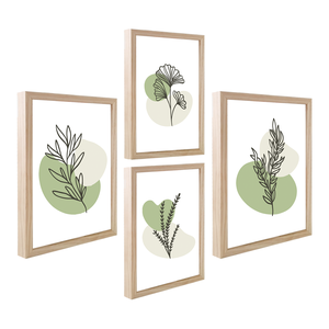 Kit Luxo 4 Quadros Verde Folhagens Abstrato Boho Bege Sala Cozinha com Moldura Caixa Alta 40cm Ref02