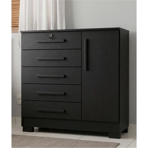 Cômoda Quarto 5 Gavetas 1 Porta com Chave 2 Divisórias Preto