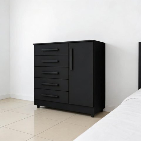 Cômoda Quarto 5 Gavetas 1 Porta com Chave 2 Divisórias - Preto