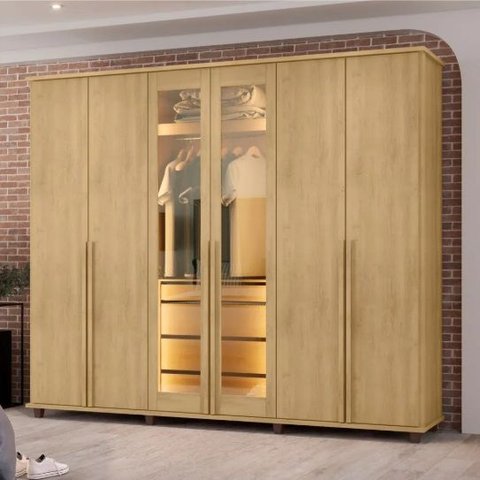 Guarda Roupa Belgica Cinamomo 06 Portas Casal com 02 Portas Vidro Reflecta LED e Pes