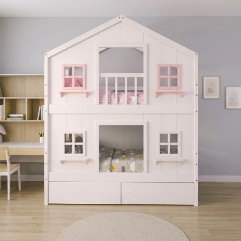 Beliche Infantil Solteiro Casinha Dos Sonhos com Gavetas Madeira Maciça Branco Rosa Housin