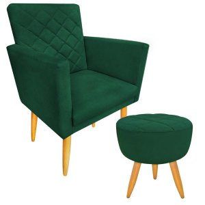 Poltrona Decorativa com Puff Maitê Matelassê Estilo Nina Suede Verde Militar