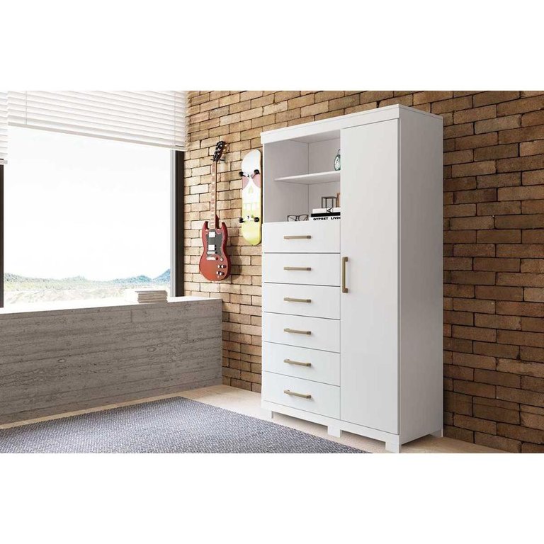 Cômoda Juvenil Marabá 1.6 1 Porta e 6 Gavetas C/ Pés Branco - Santos Andirá Cômoda Juvenil Marabá 1.6 1 Porta e 6 Gavetas C/ Pés Branco - Santos Andirá