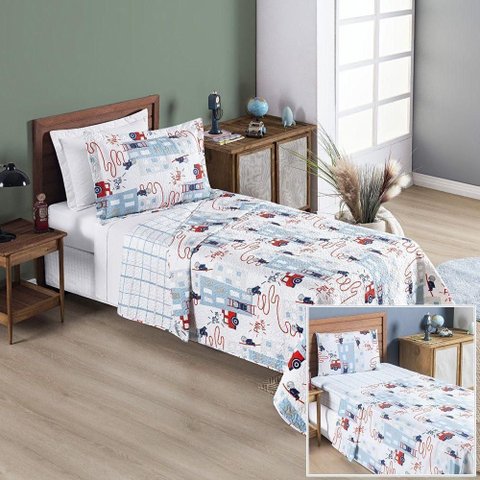 Kit Colcha + Jogo de Cama Bouti Kids Solteiro Infantil 5 Peças 100% Poliéster - Bombeiro