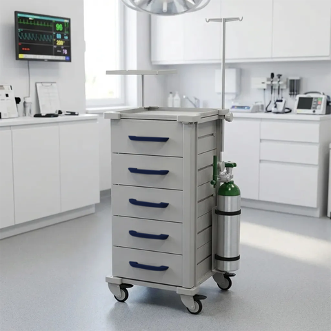 Carrinho Hospitalar 5 Gavetas Médico - Tampo Inox - Estrutura em Aço com Acessórios
