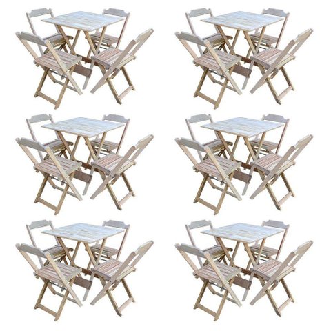 Kit 6 Conjuntos De Mesa Com 4 Cadeiras De Madeira Dobravel 70X70 Sem Pintura/Crua - Marrom