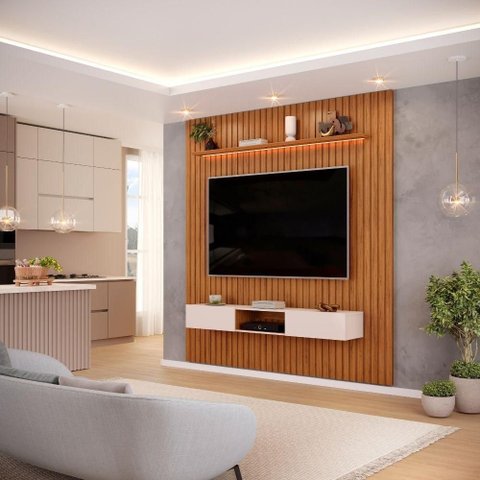 Painel para Tv até 65 Polegadas 2,23m Ripado Autêntico com Led e Nicho Montreal Madeirado/off