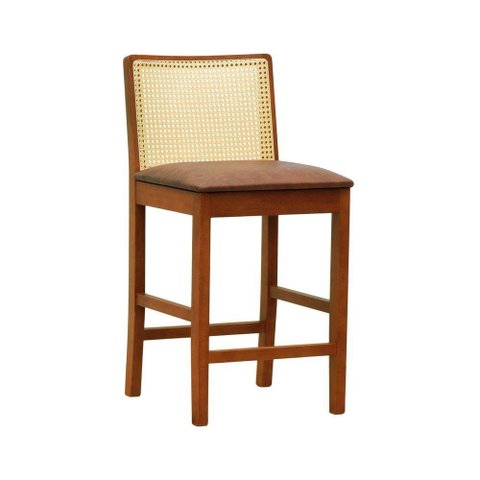Banqueta Média Pérola Madeira Maciça com Telinha C- 62cm Altura - Amêndoa Assento Estofado