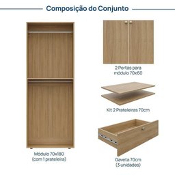 Módulo 70x180 2 Portas 1 Kit Prateleira 3 Gavetas Frame CabeCasa MadeiraMadeira - 3