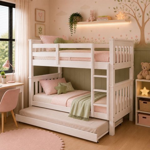 Beliche com Cama Auxiliar Madeira Maciça para Quarto Solteiro Branco Lavado Rústico Piratini